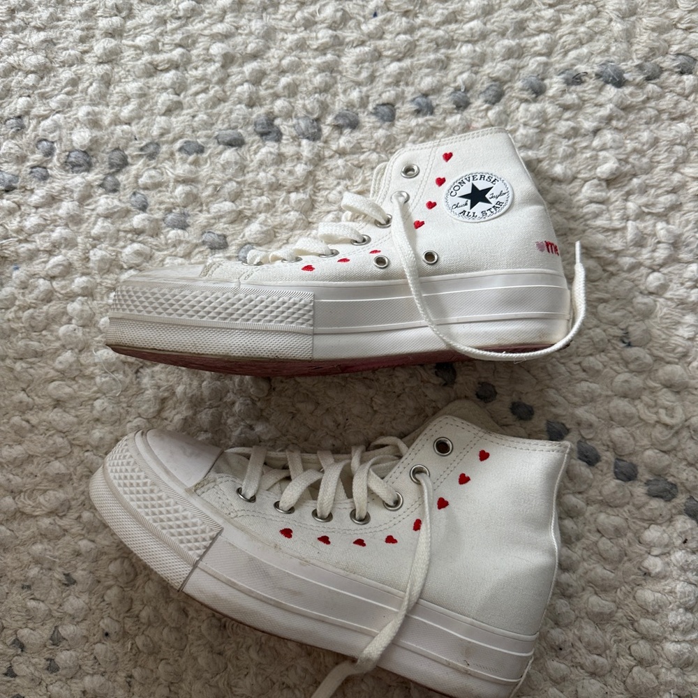 Converse White High-Top Sneakers with Red Hearts, Valentines Day